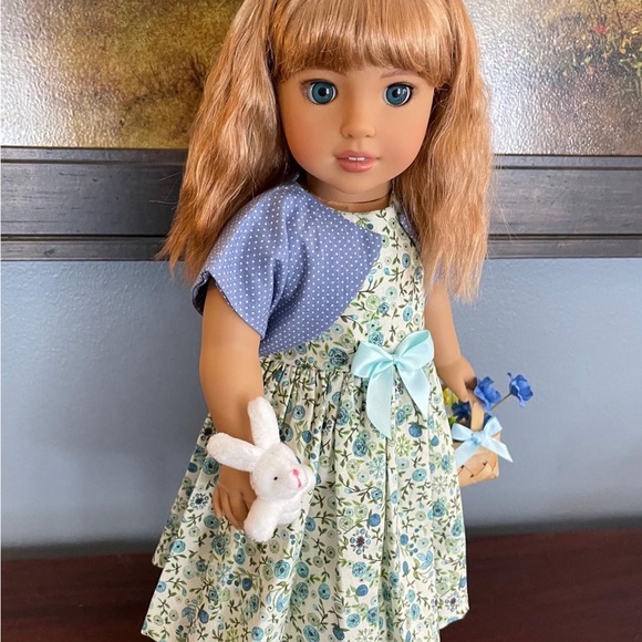American Girl Doll in Blue Floral Dress with Blonde Hair